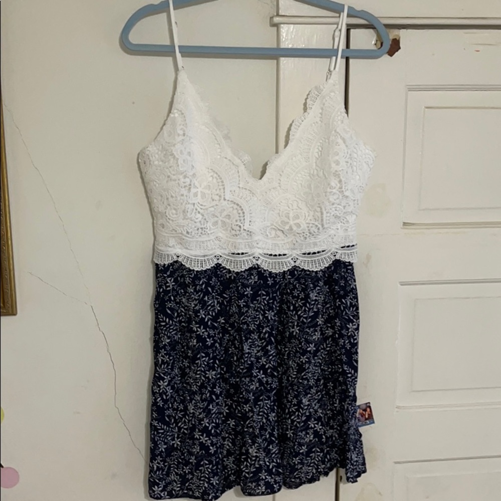 white lace/blue floral v-neck strappy mini dress